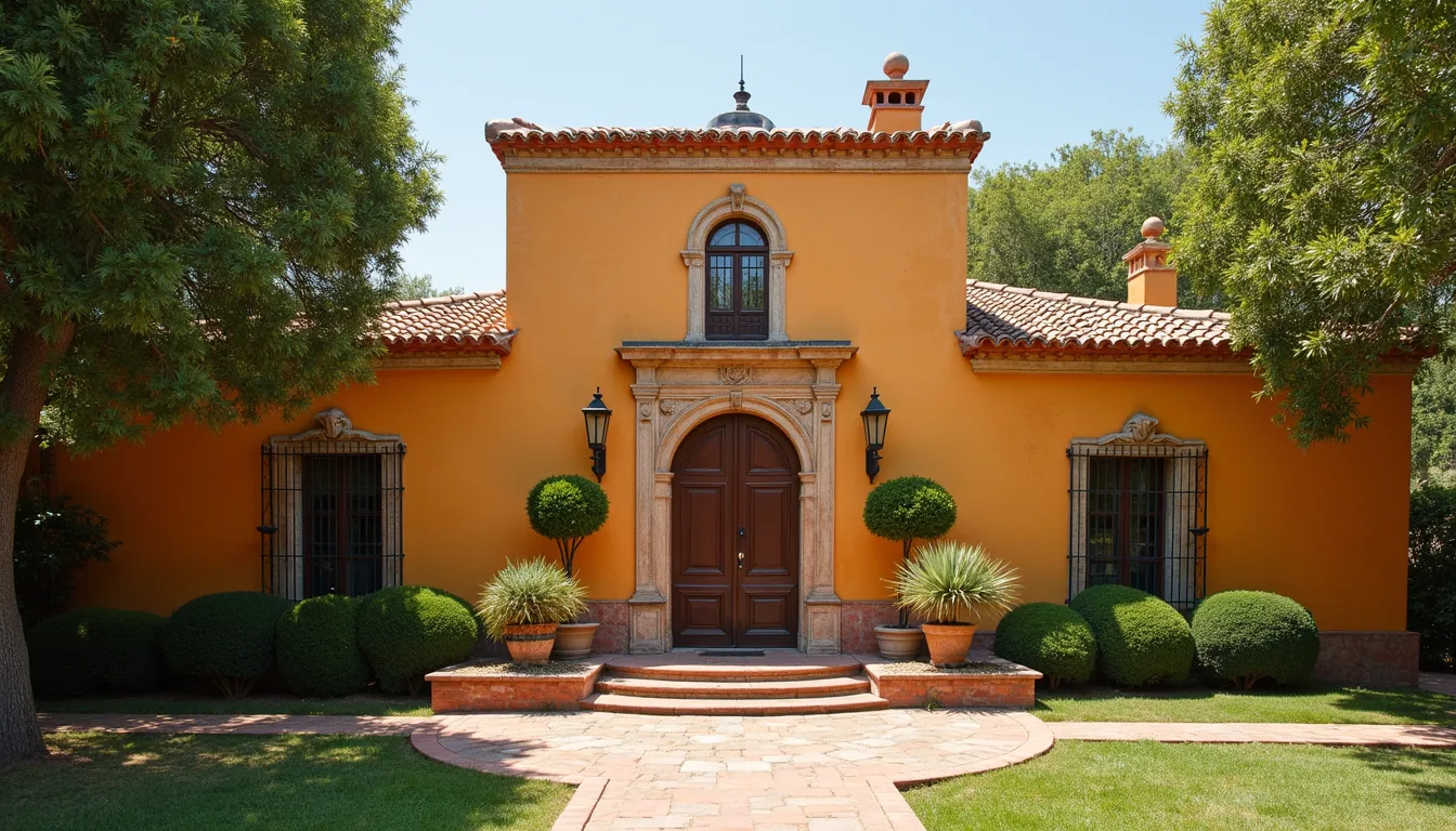 An ochre hacienda-style house with a carved stone doorway and manicured garden