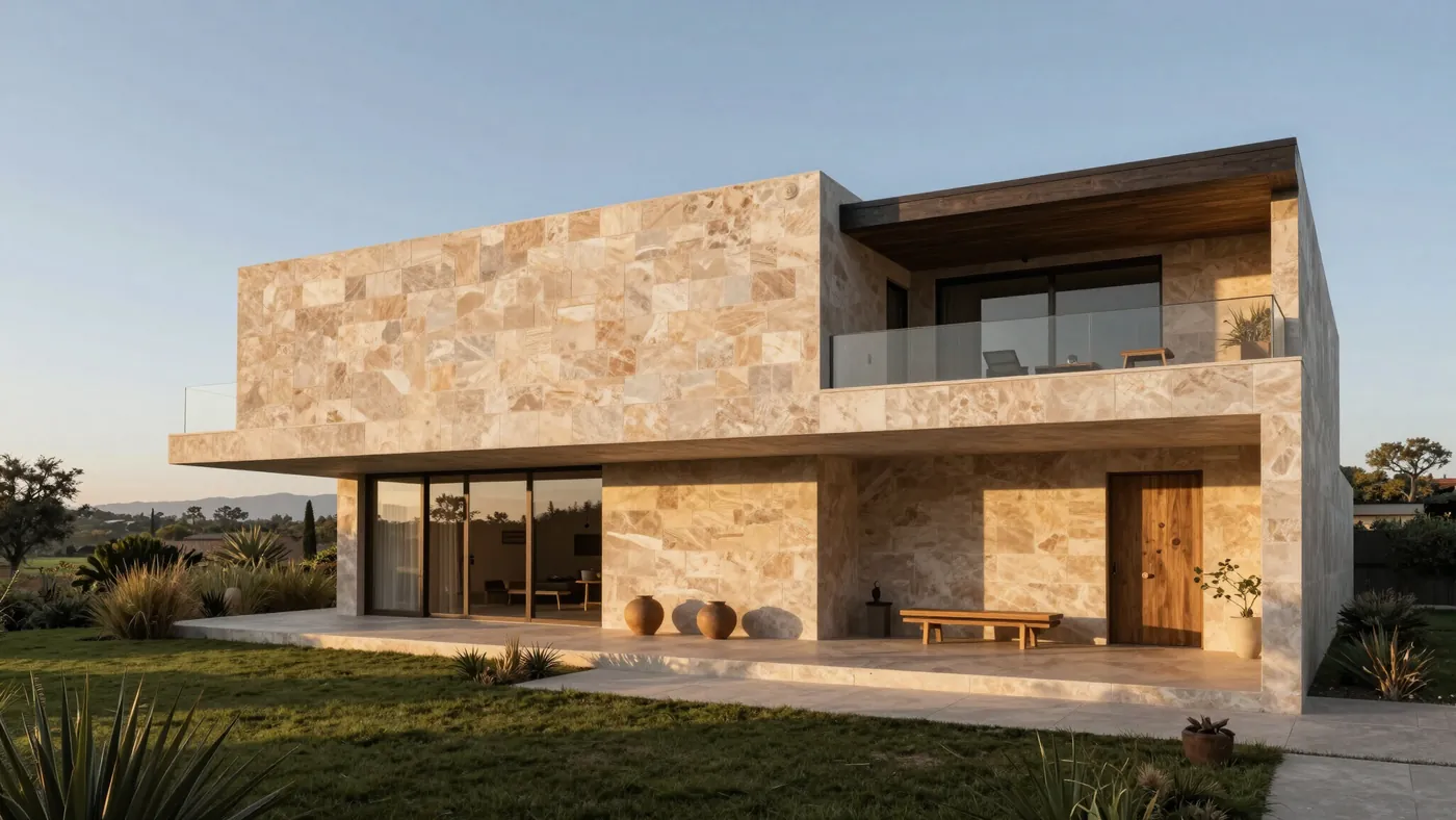 A modern stone villa with a garden and open views